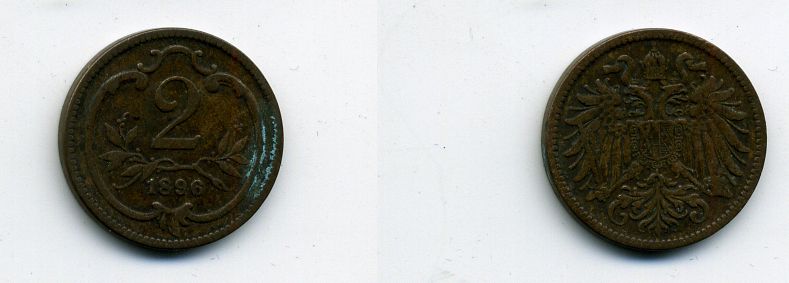 АВСТРИЯ 2 ГЕЛЛЕРА 1896 KM 2801 бронза 58-169