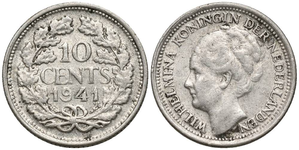 Нидерланды 10 центов 1941 Вильгельмина I (1890-1948) КМ 163 серебро 4549-1052