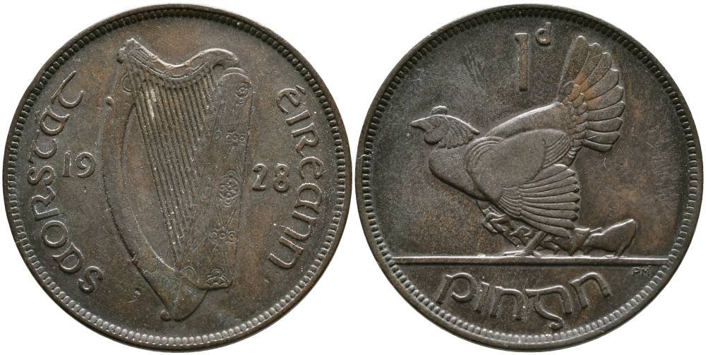 Ирландия 1 пенни 1928 курица с цыплятами KM 3 бронза 4531-623
