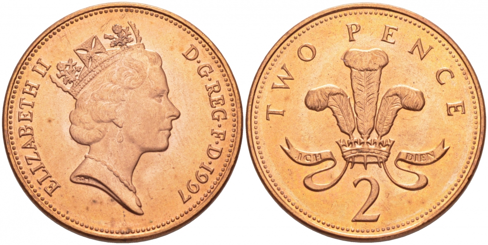 Великобритания 2 пенса 1997 Елизавета II (1952-2022) KM 936а, Spink 4386 (C4) сталь плакированная медью UNC 175-1022