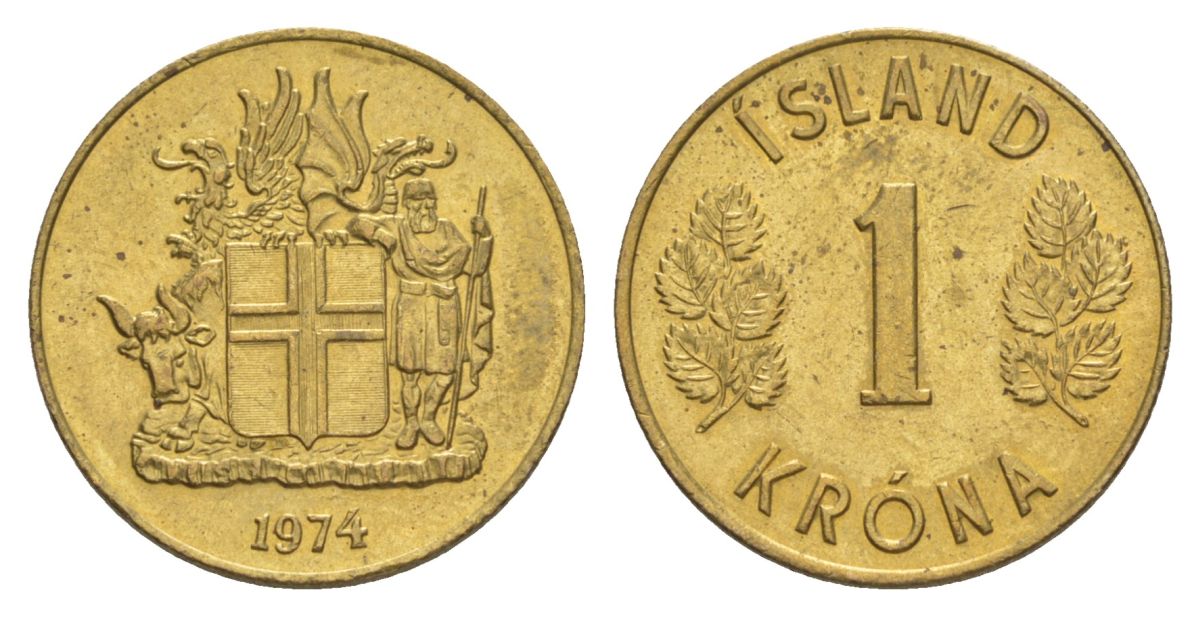 Исландия 1 крона 1974 KM 12a никель латунь UNC 4633-1251