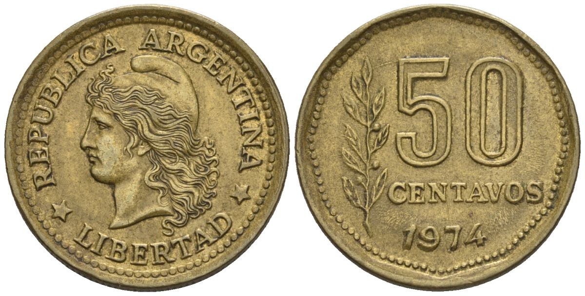 Аргентина 50 сентаво 1974 голова свободы влево KM 68, CJ 333.2, Schon 68 алюминиевая бронза    60-1045