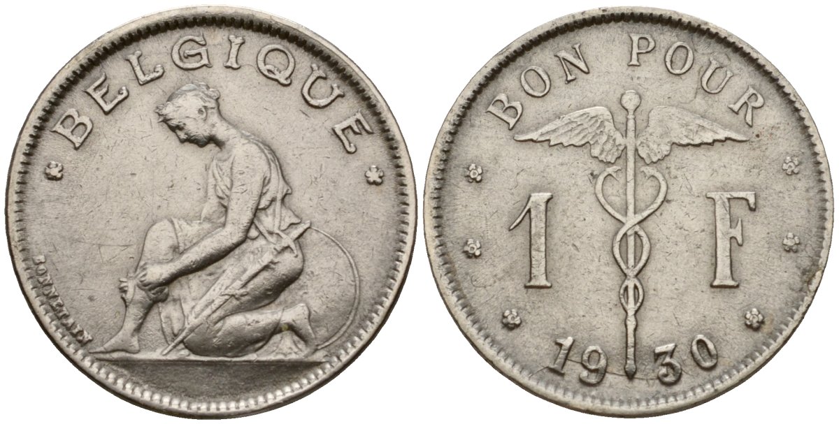 Бельгия 1 франк 1930 Belgique KM 89 никель 34-313