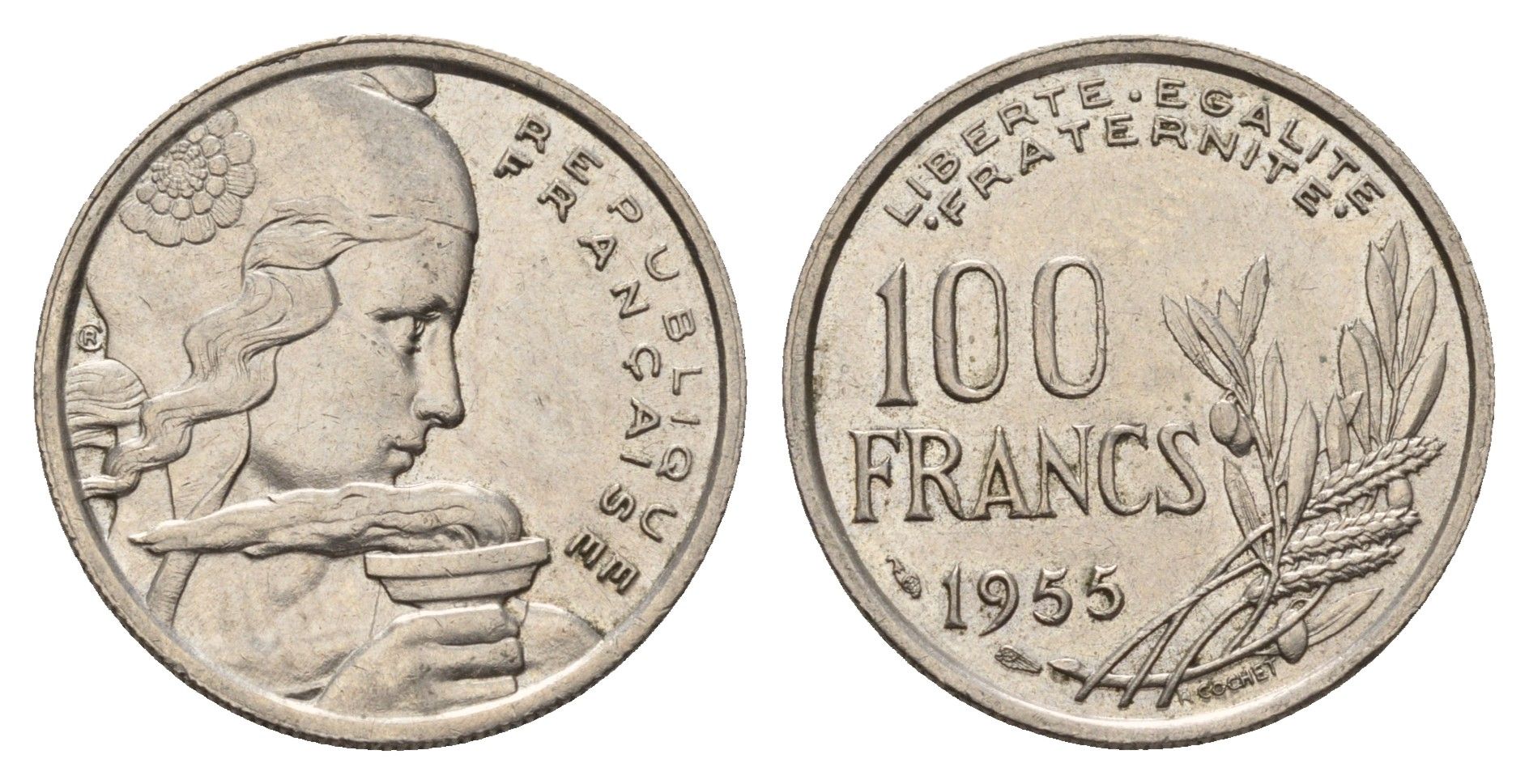 Франция 100 франков 1955 KM 919.1 медно-никель 4118-644