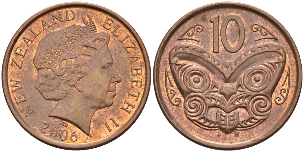 Новая Зеландия 10 центов 2006 Елизавета II (1952-2022), маска маори KM 117а сталь плакированная медью 106-1131