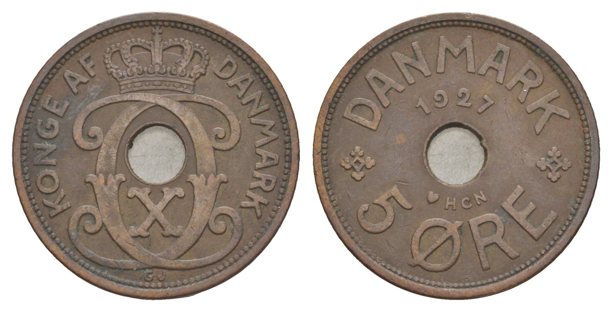 Дания 5 эре 1927 HCN, Кристиан X (1912-1947) KM 828 бронза 4638-554