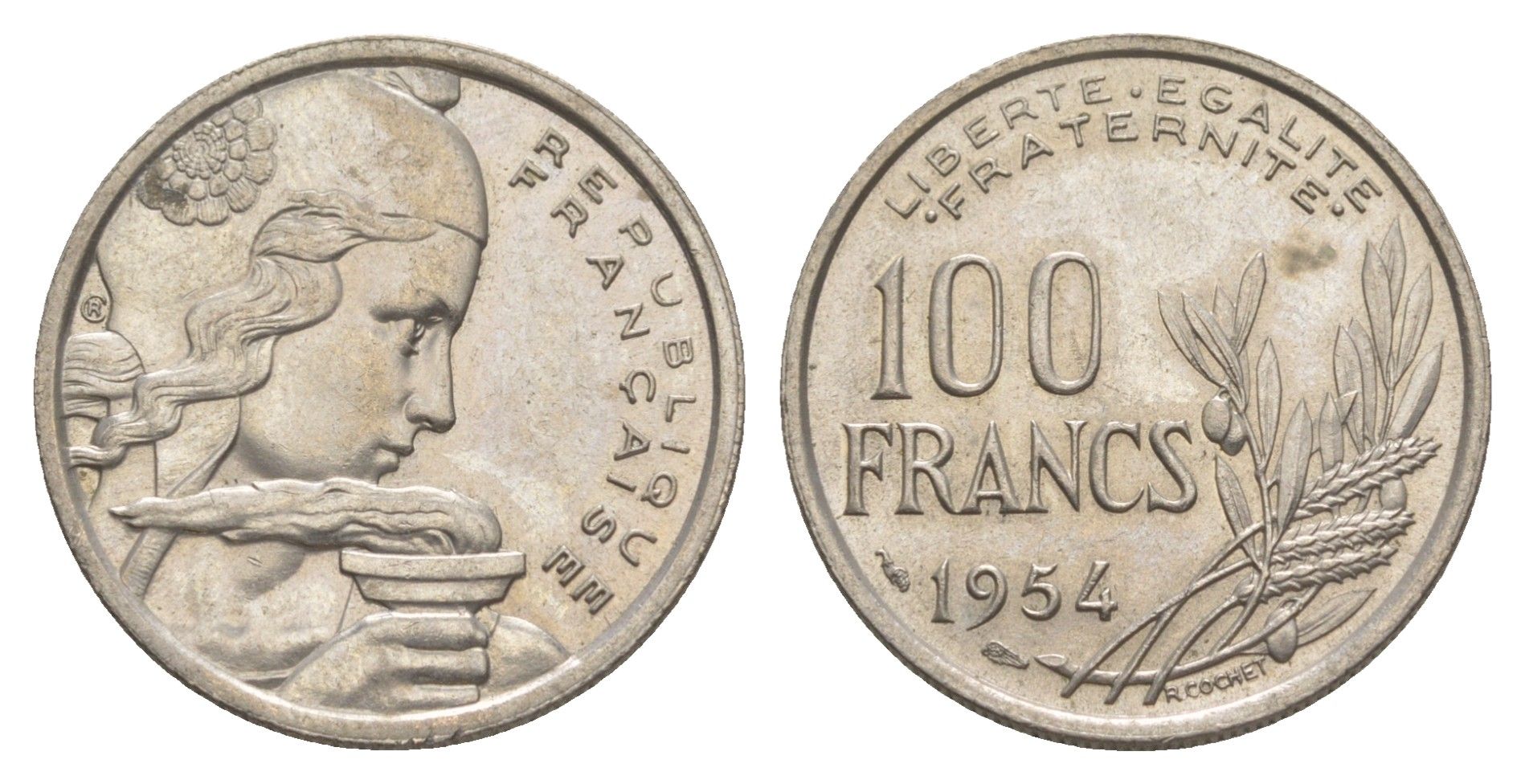 Франция 100 франков 1954 KM 919 медно-никель 4629-1014