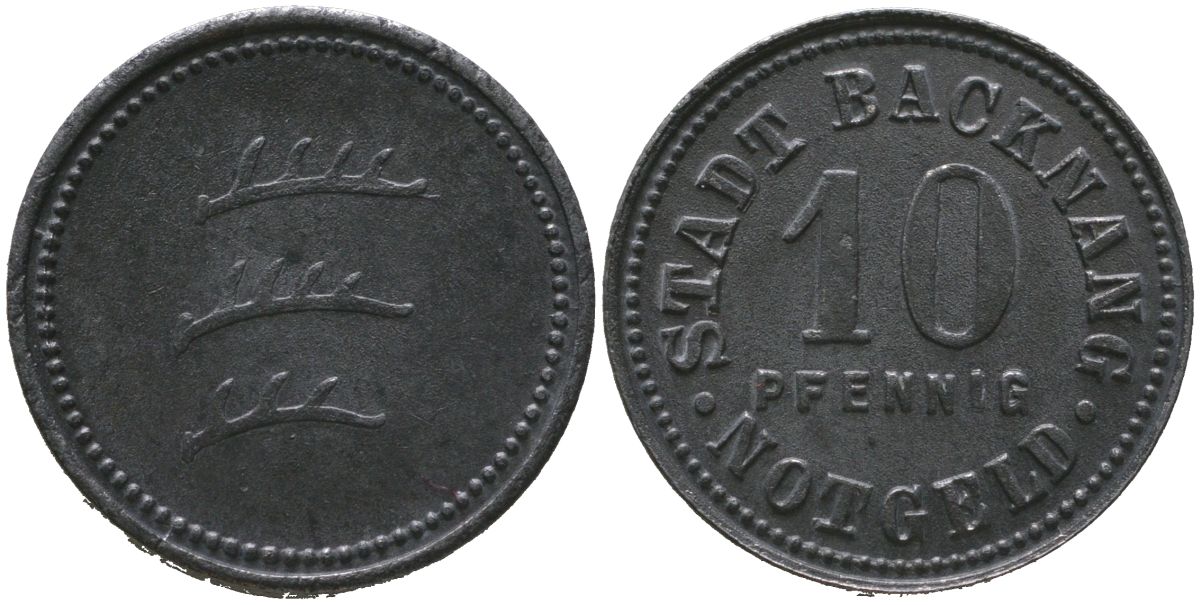 Бакнанг (Вюртемберг) 10 пфенингов 1918 Funck 25.2, Men05 1171.2, Men18 1511.2 железо 4525-1146