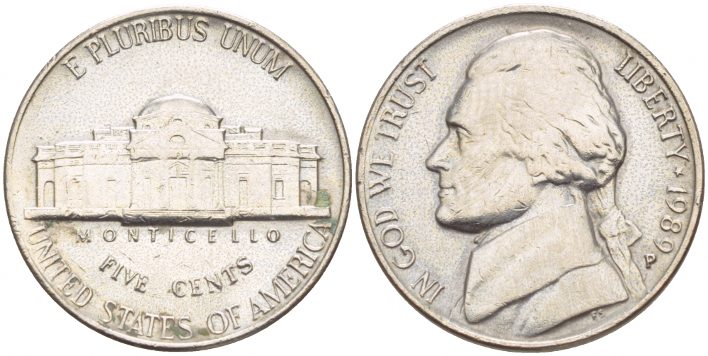 США 5 ЦЕНТОВ 1989 P, ДЖЕФФЕРСОН KM А192 медно-никель 4546-1221