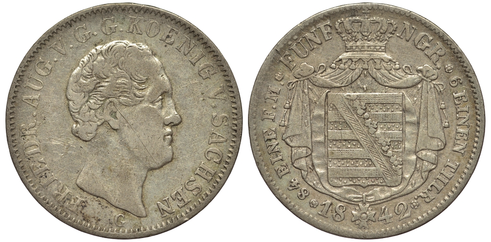 Саксония 1/6 талера 1842 Фридрих Август II (1836-1854) KM 1161 серебро 00-00