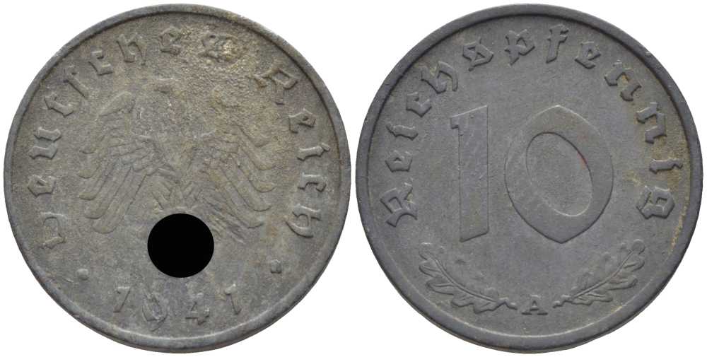 ГЕРМАНИЯ 10 РЕЙХСПФЕННИГОВ 1941 А KM 101, J. 371 цинк 4401-725