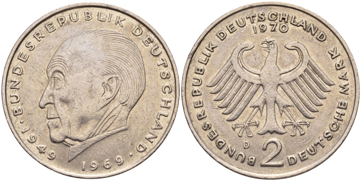 ФРГ 2 марки 1970 D, Конрад Аденауэр, 20 лет Федеративной Республике (1949-1969) KM 124, J. 406 медно-никель плакированный никелем 4139-132