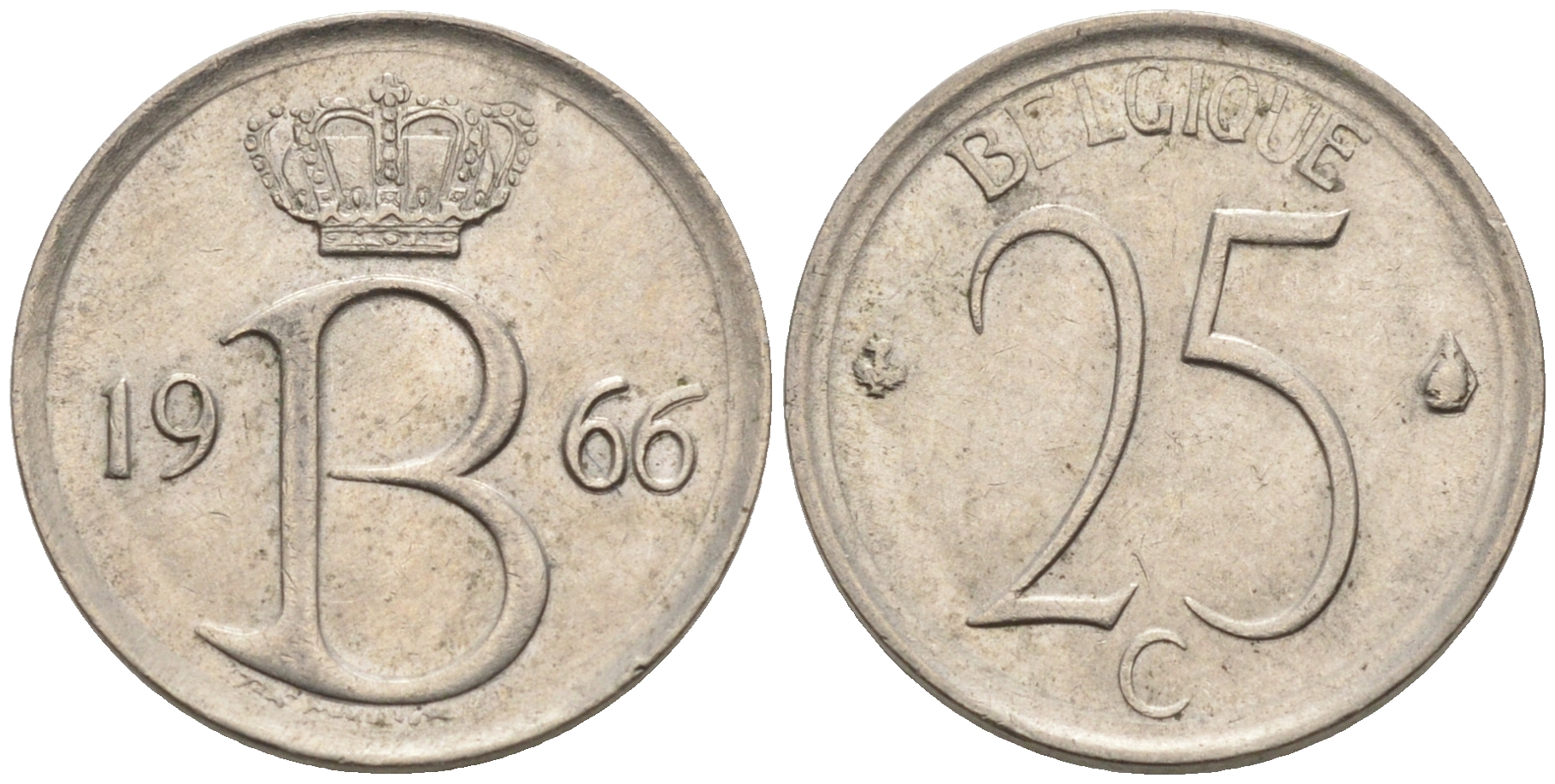БЕЛЬГИЯ 25 САНТИМОВ 1966 BELGIQUE KM 153.1 медно-никель 4564-137