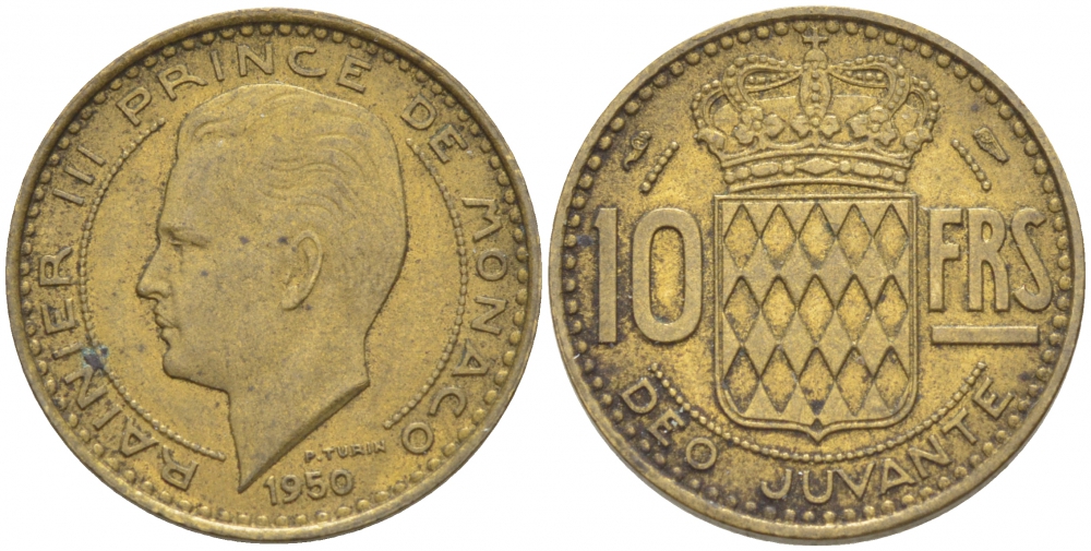 Монако 10 франков 1950 Ренье III (1949-2005) KM 130 алюминиевая бронза 3309-968