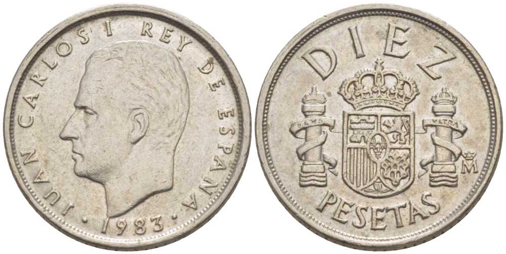 ИСПАНИЯ 10 ПЕСЕТ 1983 ХУАН КАРЛОС I (1975-) KM 827 медно-никель 214-128