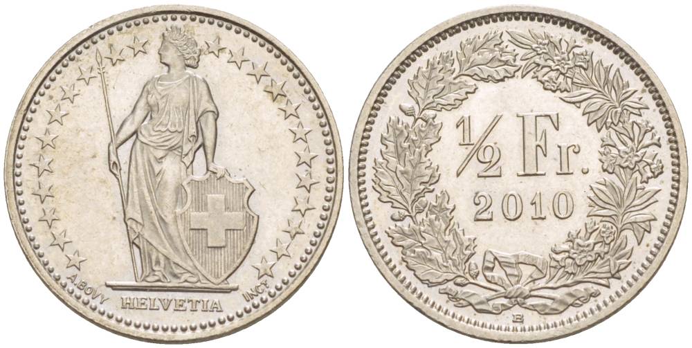 ШВЕЙЦАРИЯ 1/2 ФРАНКА 2010 В KM 23а.3 медно-никель 4528-655