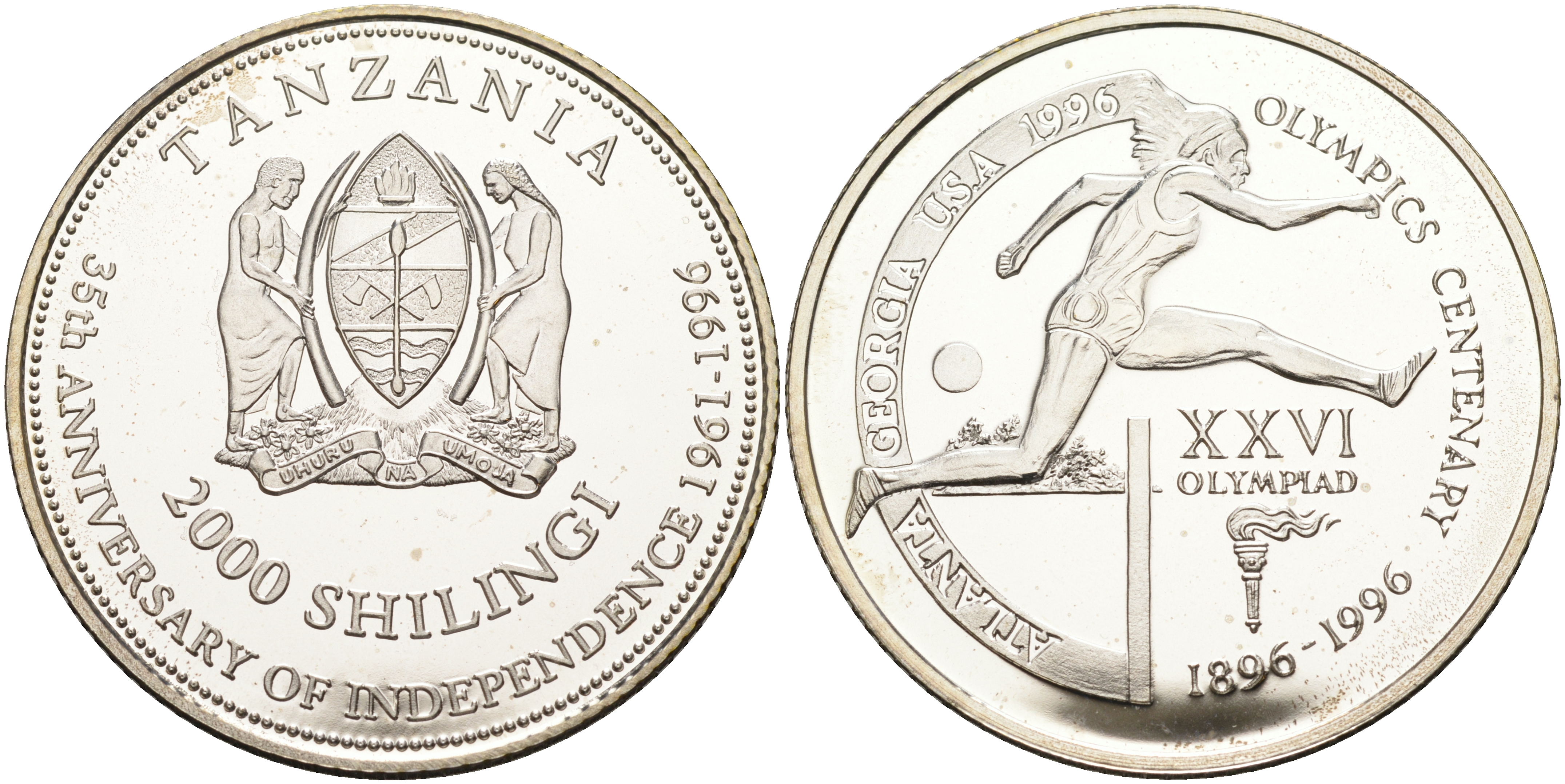 Танзания 2000 шиллингов 1996 XXVI Олимпийские игры 1996 года в Атланте, 100 лет Олимпийскому движению, бег с барьерами, пробник, рубчатый гурт серебро PROOF 06-135-45