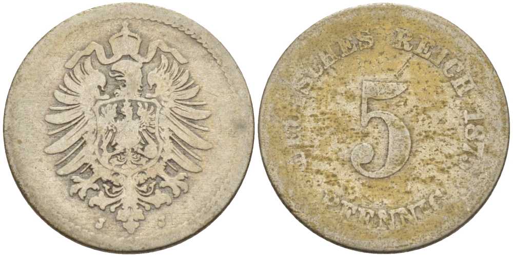 ГЕРМАНИЯ 5 ПФЕННИГОВ 1875 J, СТАРОГЕРБОВКА KM 3, J. 3, Weege 5 медно-никель 206-1055