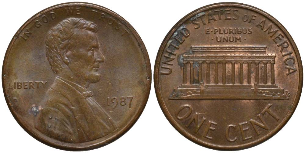 США 1 цент 1987 Линкольн KM 201b цинк плакированный медью 4547-855