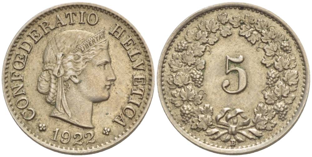 ШВЕЙЦАРИЯ 5 РАППЕНОВ 1922 В KM 26 медно-никель 4532-923