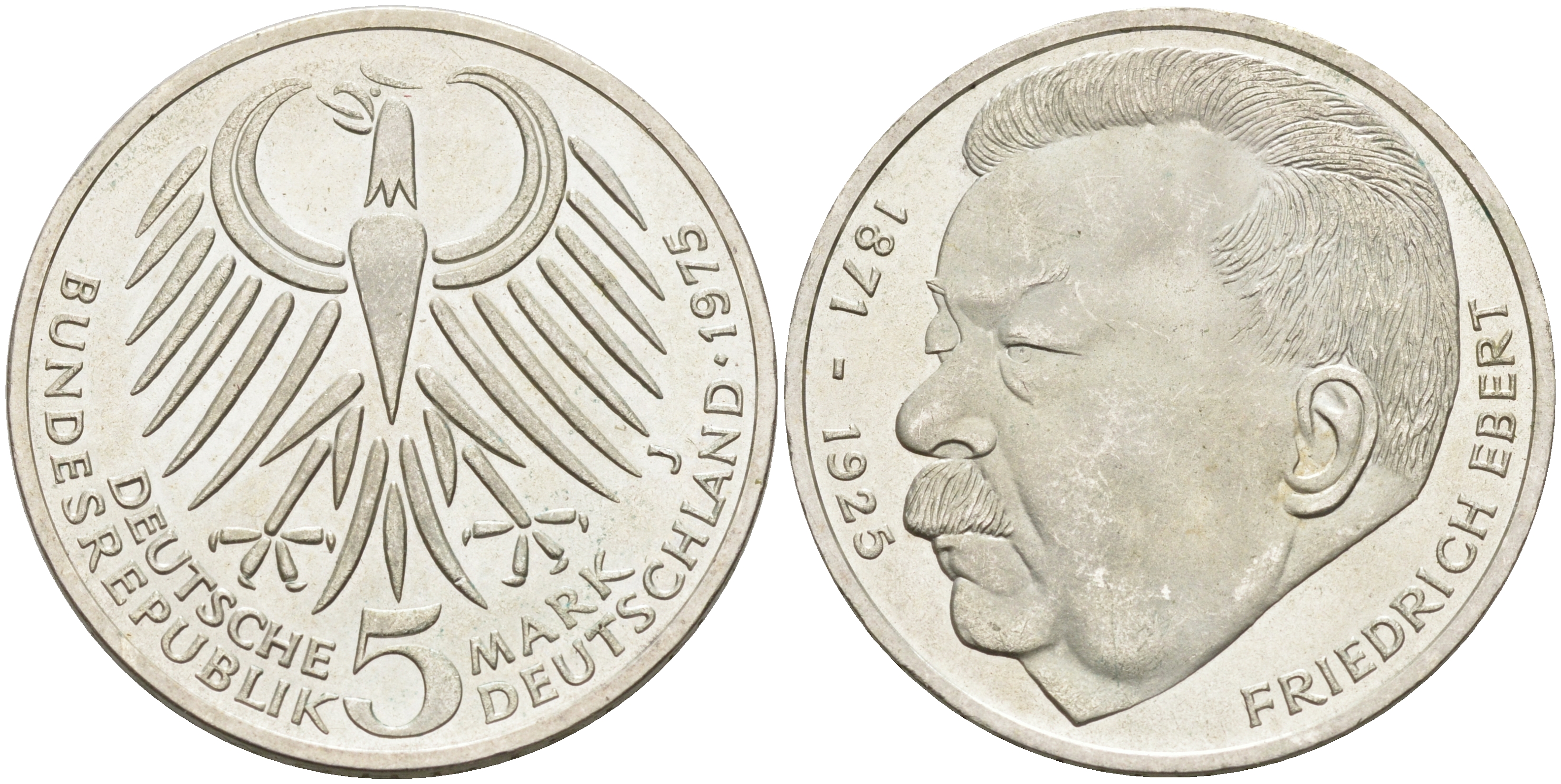 ФРГ 5 марок 1975 J, 50 лет со дня смерти Фридриха Эберта J. 416, KM 141 серебро  UNC  4117-241