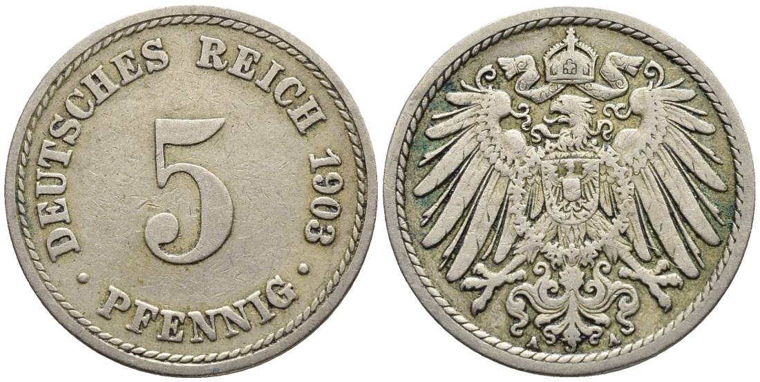 ГЕРМАНИЯ 5 ПФЕННИГОВ 1903 A KM 11, Jager 12, Weege 6 медно-никель 4547-429