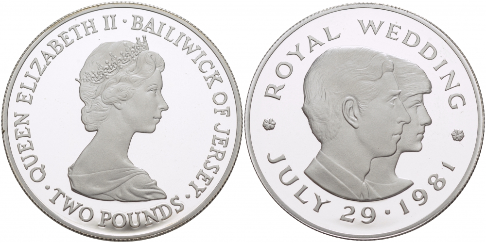 Джерси 2 фунта 1981 королевская свадьба принца Чарльза и леди Дианы Спенсер, 29 июля 1981 года KM 52а серебро PROOF 1081-9-32