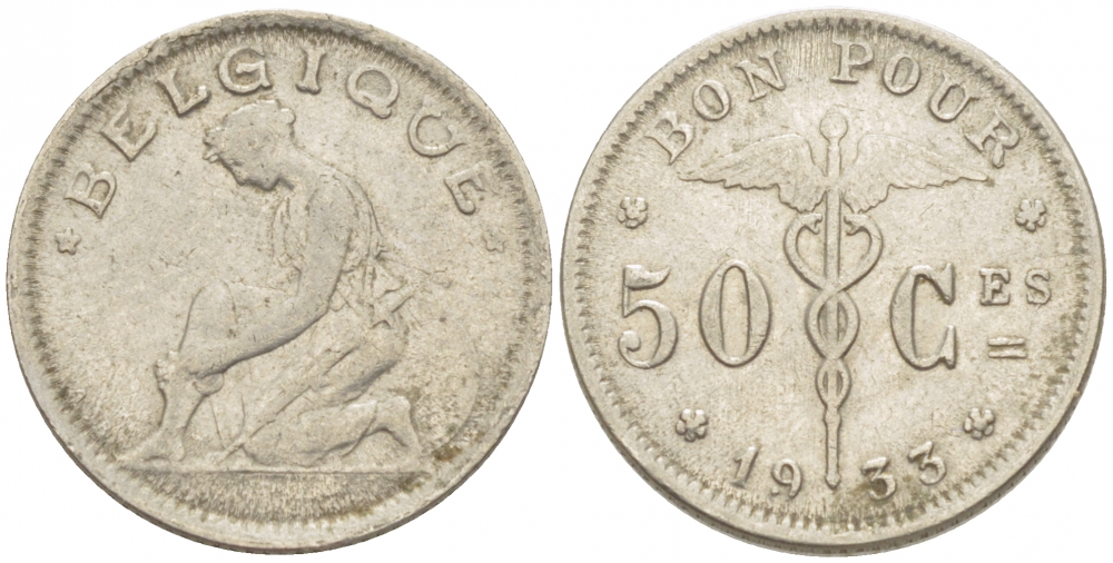 БЕЛЬГИЯ 50 САНТИМОВ 1933 BELGIQUE KM 87 никель 261-1645