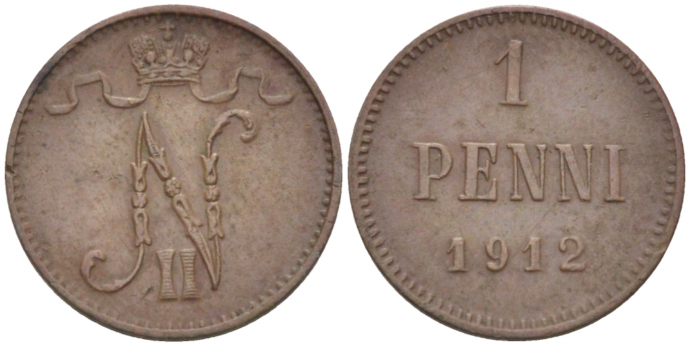 Россия для Финляндии 1 пенни 1912 Николай II (1894-1917) KM 13, Биткин 472 медь 4396-1364