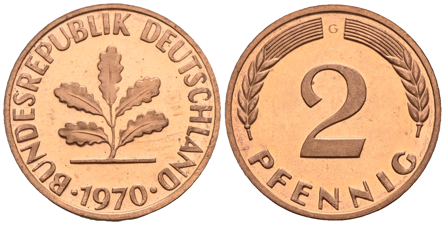 ФРГ 2 пфеннига 1970 G KM 106a, J.381a сталь плакированная медью PROOF 1094-7-11