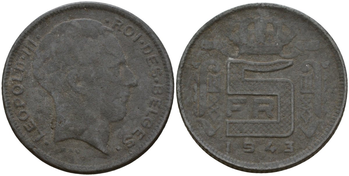 Бельгия 5 франков 1943 DES BELGES, Леопольд III (1934-1947) KM 130 цинк 4161-937