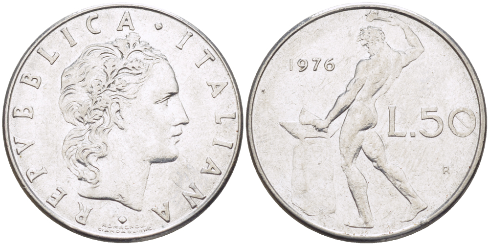 ИТАЛИЯ 50 ЛИР 1976 R, КУЗНЕЦ KM 95.1 нержавеющая сталь 89-712