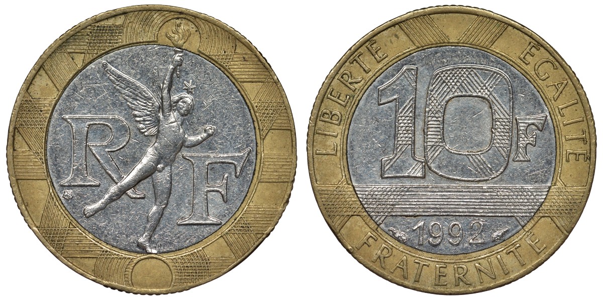 Франция 10 франков 1992 тип гений Бастилии KM 964.1, Le Frank 375.8 биметалл 4128-525