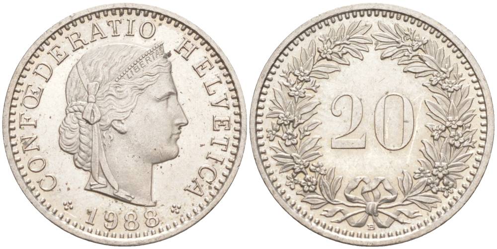 ШВЕЙЦАРИЯ 20 РАППЕНОВ 1988 В KM 29a медно-никель 55-1031