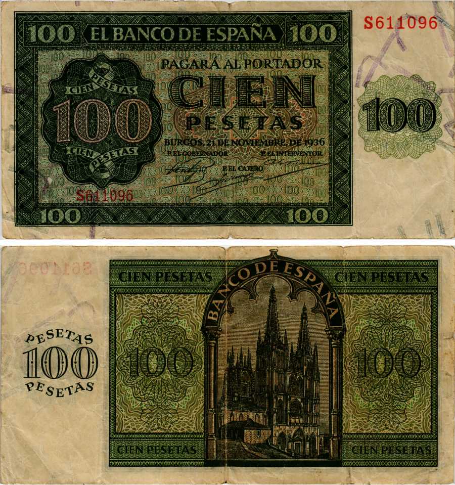 Испания 100 песет 1936 21 ноября 1936 Pick 101 а  бумага   451-307-3