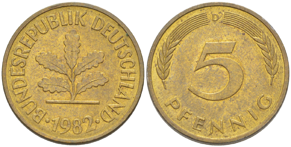 ФРГ 5 ПФЕННИГОВ 1982 D KM 107, J. 382 сталь плакированная латунью 4181-1014