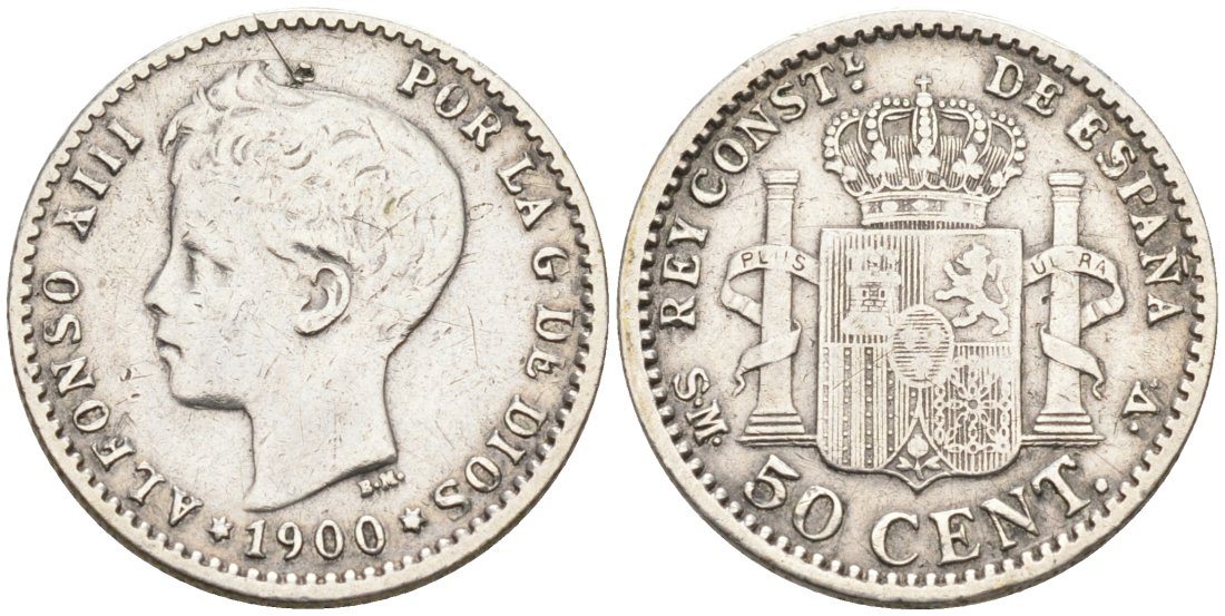 Испания 50 сентимо 1900 SM-V, АЛЬФОНСО XIII (1886-1931) KM 705 серебро 4567-446