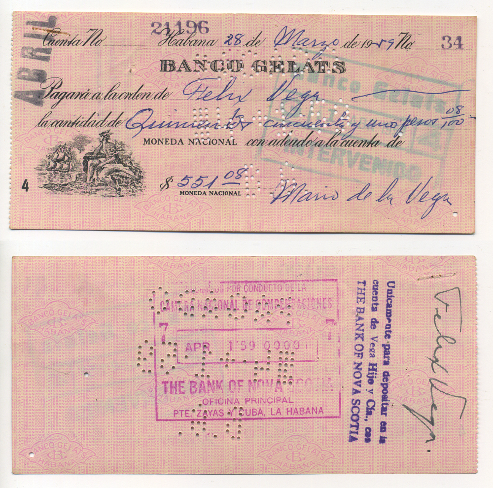 Куба чек именной № 34 1959 БАНК GELATS, НА ИМЯ ФЕЛИКС  ВЕГА, НА СУММУ 551 ПЕСО 8 сентаво, С ОТМЕТКОЙ ОТ ГАШЕНИИ БАНКА VOVA SCOTIA ОТДЕЛЕНИЕ В ГАВАНЕ, ПЕРФОРАЦИЯ, 14.1.1959   бумага  аUNC  504-50-3-1