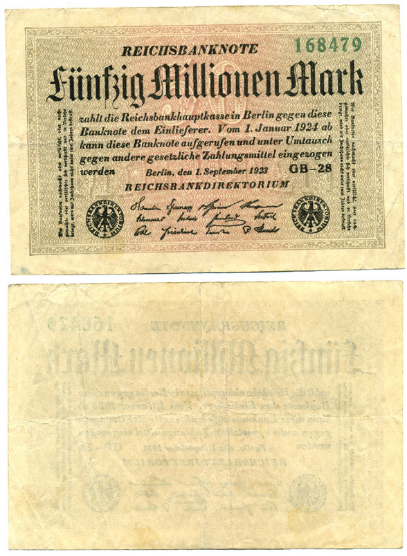 ГЕРМАНИЯ 50000000 МАРОК 1923 ВОДЯНОЙ ЗНАК N Pick 109d бумага 7548-81-2