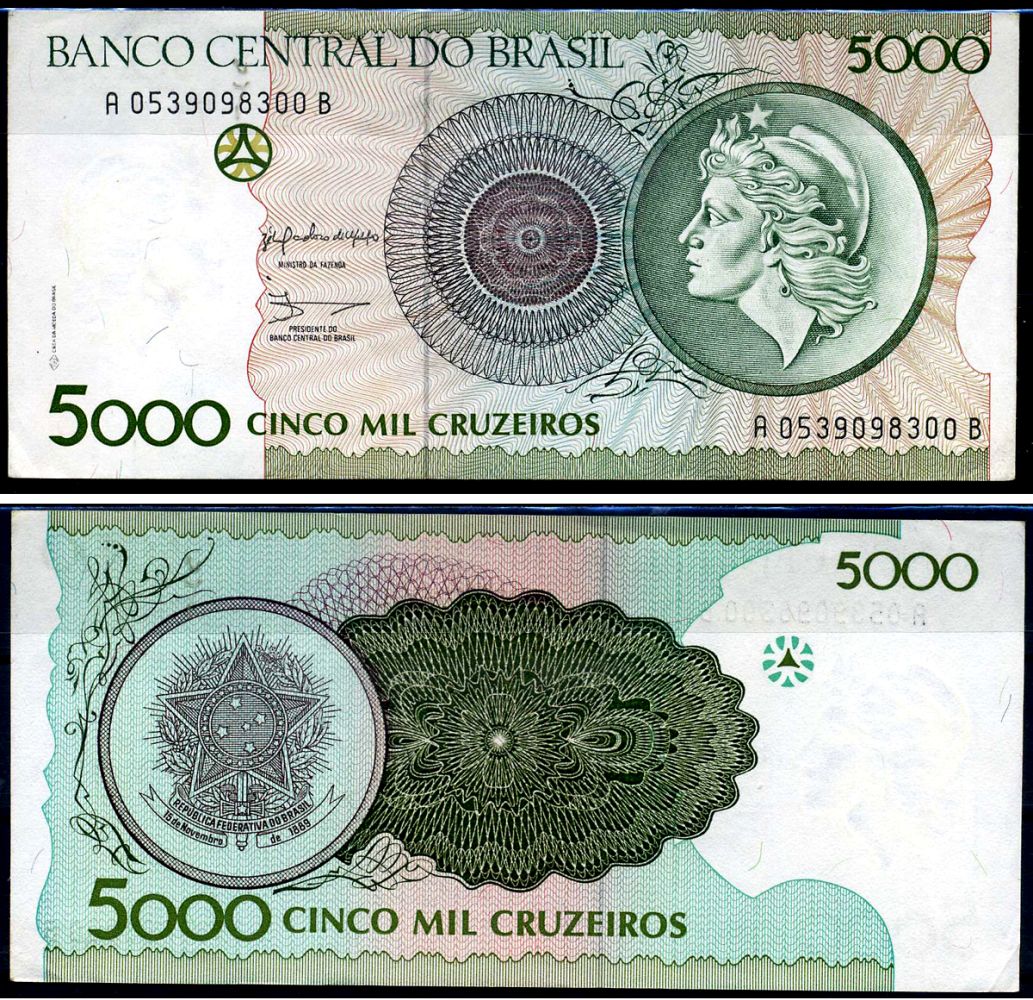 Бразилия 5000 крузейро 1990 Центральный банк Бразилии, голова свободы Pick 227 бумага aUNC 7148-33-3-2