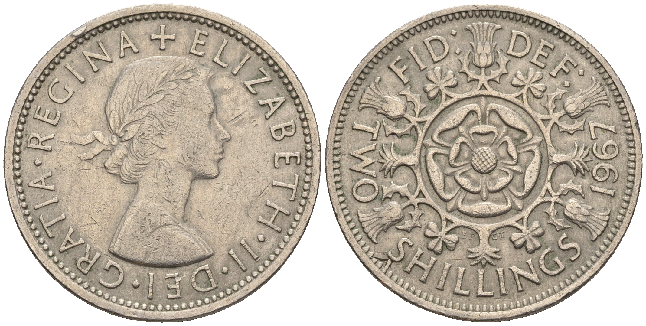 Великобритания 2 шиллинга (флорин) 1967 Елизавета II (1952-2022) KM 906, Spink 4146 медно-никель 109-721