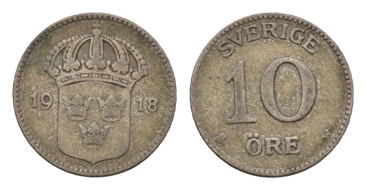 Швеция 10 эре 1918 W, Густав V (1907-1950) KM 780 серебро 179-1058