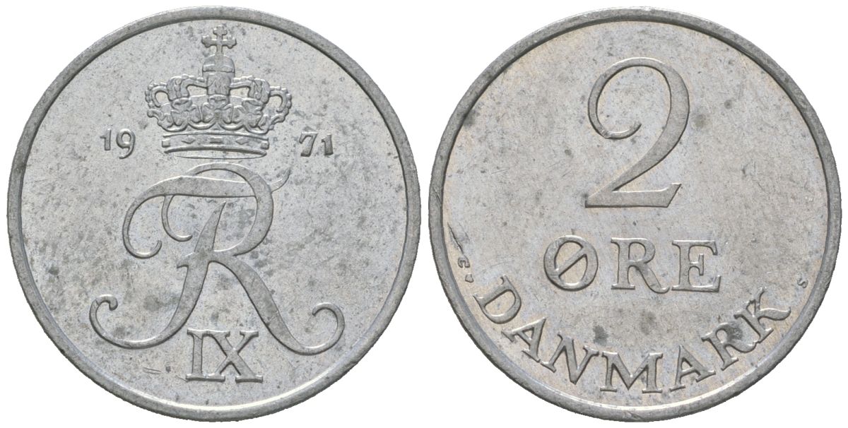 Дания 2 эре 1971 C; S, Фредерик IX (1947-1972) KM 840 цинк aUNC 4618-469