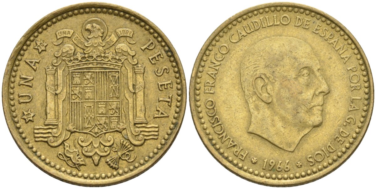 Испания 1 песета 1966 (70) Франсиско Франко (1939-1975) KM 796 алюминиевая бронза 4604-354