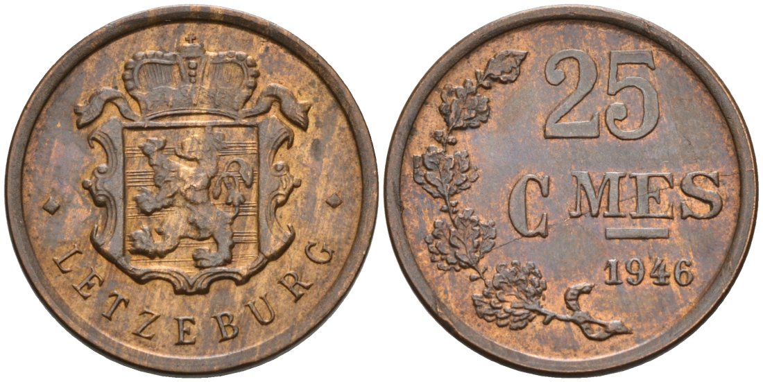 Люксембург 25 сантимов 1946 Шарлотта (1918-1964) KM 45 бронза 4516-237