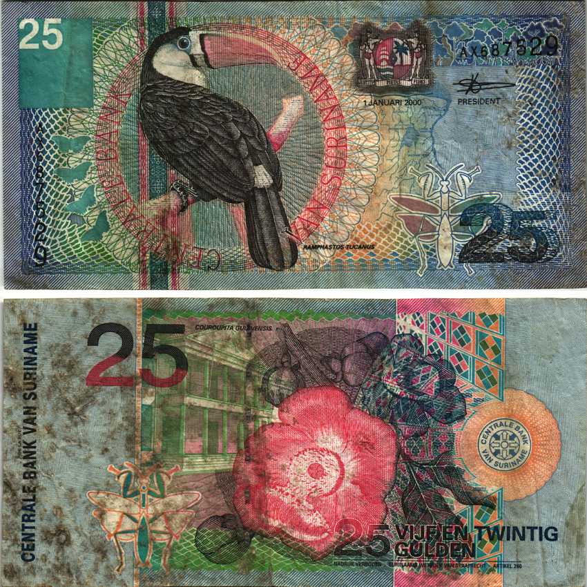 Суринам 25 гульденов 2000 белогрудый тукан, курупита гвианская Pick 148 бумага 7548-109-3-1