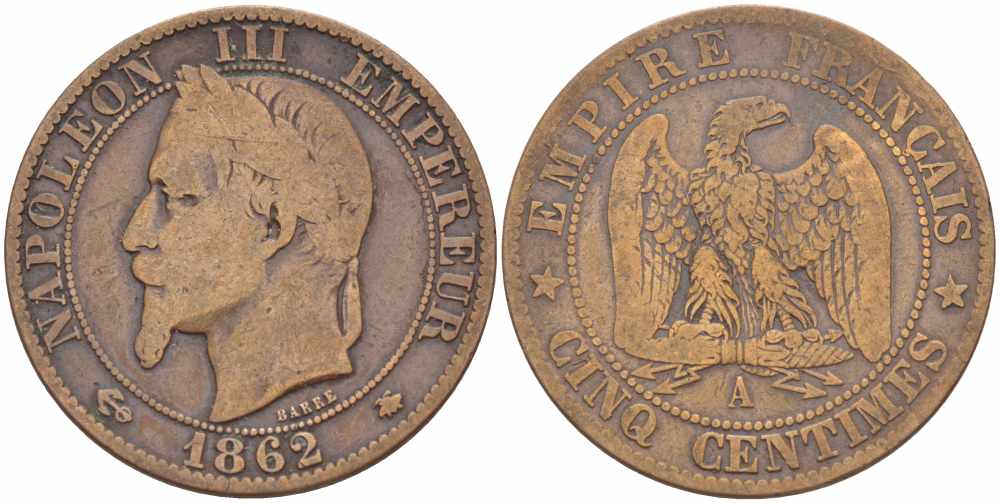 ФРАНЦИЯ 5 САНТИМОВ 1862 A, НАПОЛЕОН III (1852-1870) KM 797.1, LE FRANC 117.5 бронза 108-531