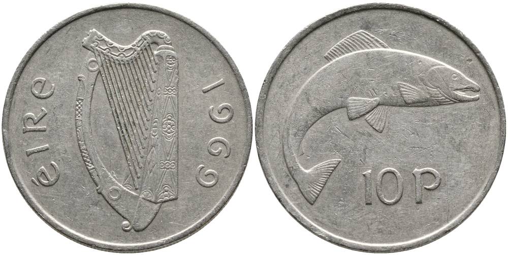 ИРЛАНДИЯ 10 ПЕНСОВ 1969 ЛОСОСЬ KM 23 медно-никель 4531-731