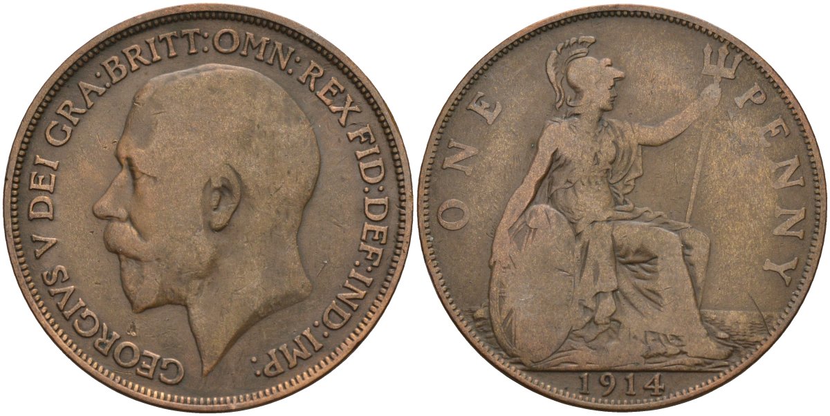 Великобритания 1 пенни 1914 Георг V (1910-1936) KM 810, Spink 4051 бронза 4144-443
