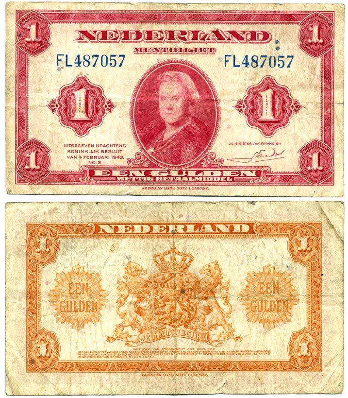 Нидерланды 1 гульден 1943 7 февраля 1943, Вильгельмина Pick 64 бумага 6279-19-1-1